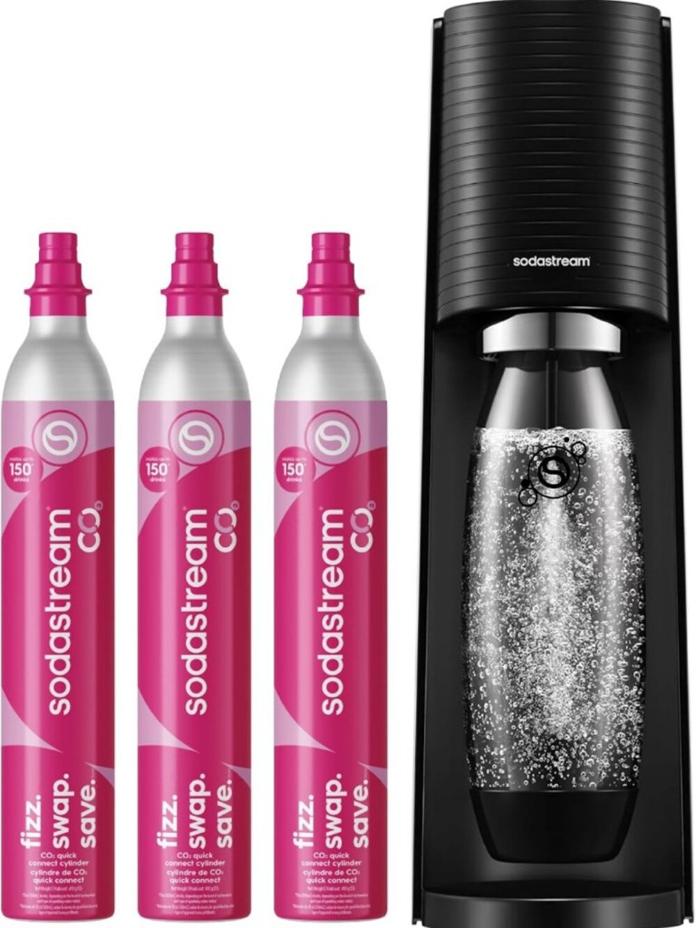 Sparkling Water Maker Bundle with 3 CO2 Cylinders & BPA-Free Bottle - Black